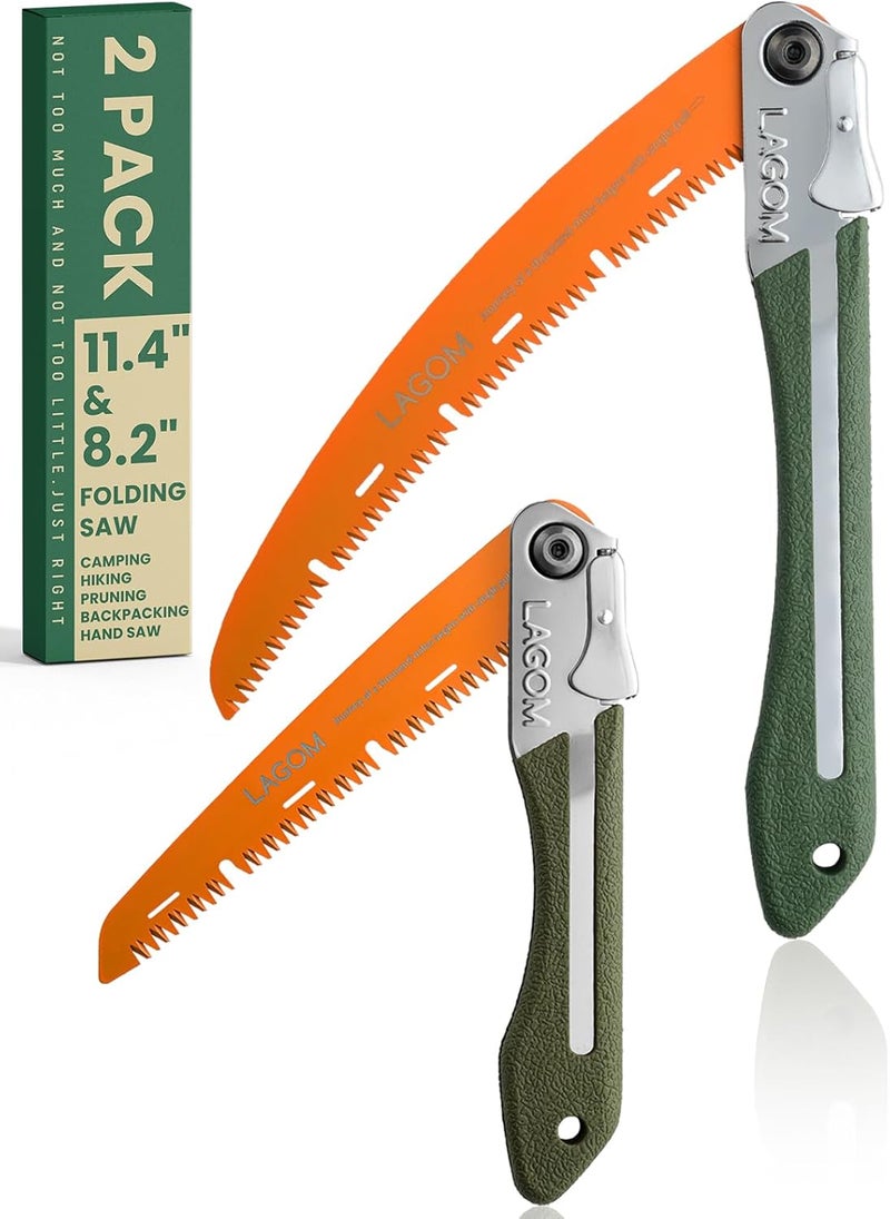 LAGOM Folding Camp Saws for Cutting Branches – 2 Pack (11.4" & 8.2") | SK5 Steel Blades, Ergonomic Handle, Secure Lock | Foldable Tool for Camping, Gardening, Survival, Kayaking, Outdoors - Image 1